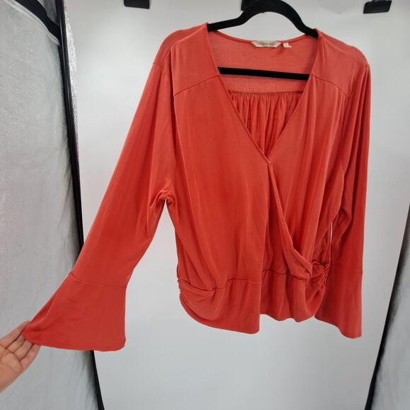 Soft Surroundings Annika Top XL Sueded‎ Surplice Bell Sleeve Ruched Side Orange - Picture 4 of 6